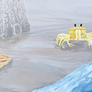 Fluid acrylic painting a closeup of a ghost crab at the beach near the shoreline, with a conch shell in the left corner foreground and a sandcastle a little in the background.