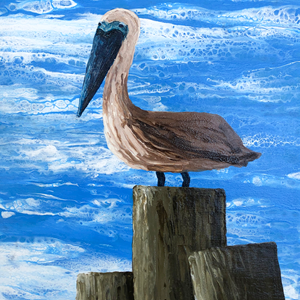 Fluid acrylic painting of a pelican standing a top of a pillar with clouds in the background.