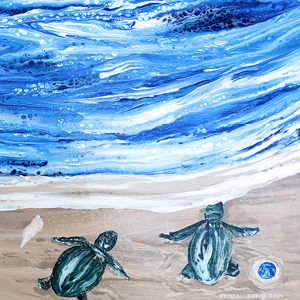 Fluid acrylic painting of looking down from above onto a beach shoreline. Three sea turtles headed to ocean with a few shells about