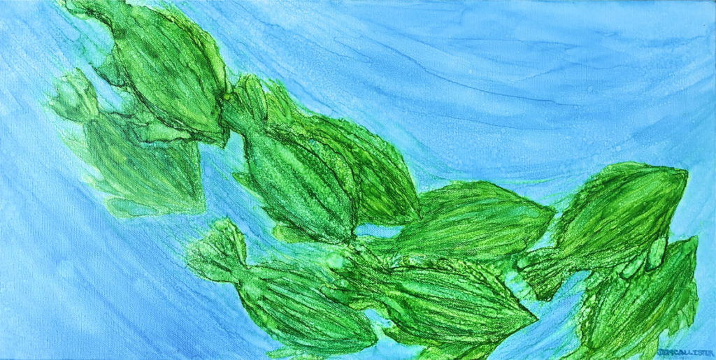 A school of green fish swimming from upper left to lower right, showing movement. Background Alcohol ink painting on canvasis light blue with streaks showing movement and lighter spots showing bubbles throughout painting.
